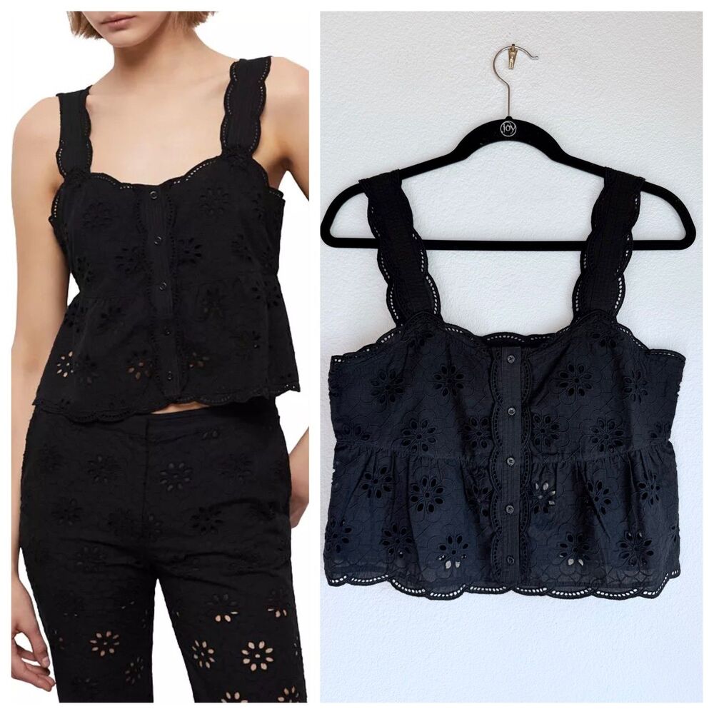 NEW The Kooples Floral Embroidered Eyelet Lace Cropped Peplum Tank in Black Sz 6